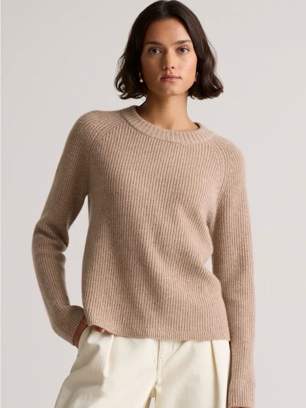 Quince Mongolian Cashmere Fisherman’s Crewneck Sweater, Oatmeal Medium